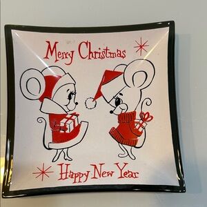 Vintage MCM  Merry  Christmas Happy New Year Mice giving gifts trinket dish